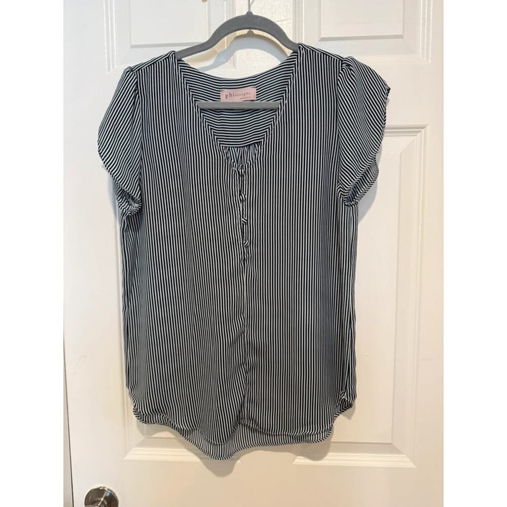 Philosophy, blouse, navy blue and white pins stripes
